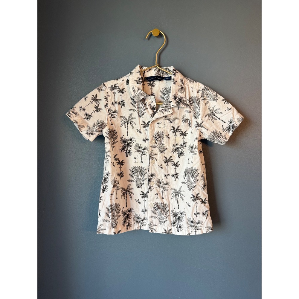 Janie and Jack Boys White Black Tropical Palm Tree Flamingo Button Down Shirt 4